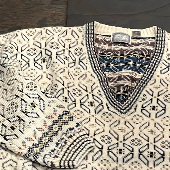Concrete mix 90s V Neck boxy heavy Sweater Geometric Beige Tan Blue Cosby MEN 2X - Picture 2 of 16